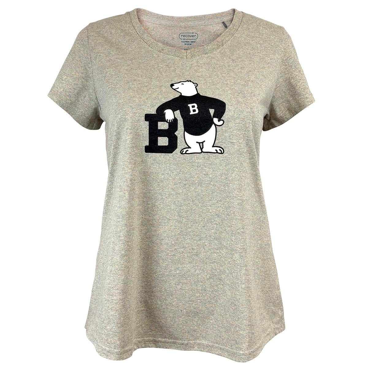 Multicolored heather t-shirt with a cartoon bear leaning on a 'B' logo on a white background