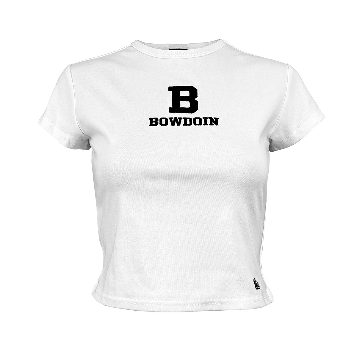 White t-shirt with B and 'BOWDOIN' embroidery on a white background