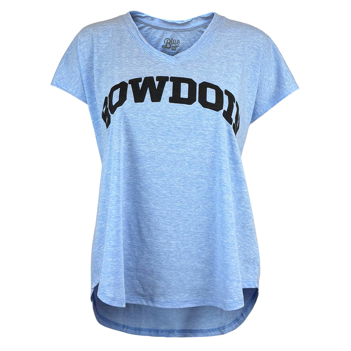 Women's loose fit T-shirt in blue heather with arched black BOWDOIN chest imprint.