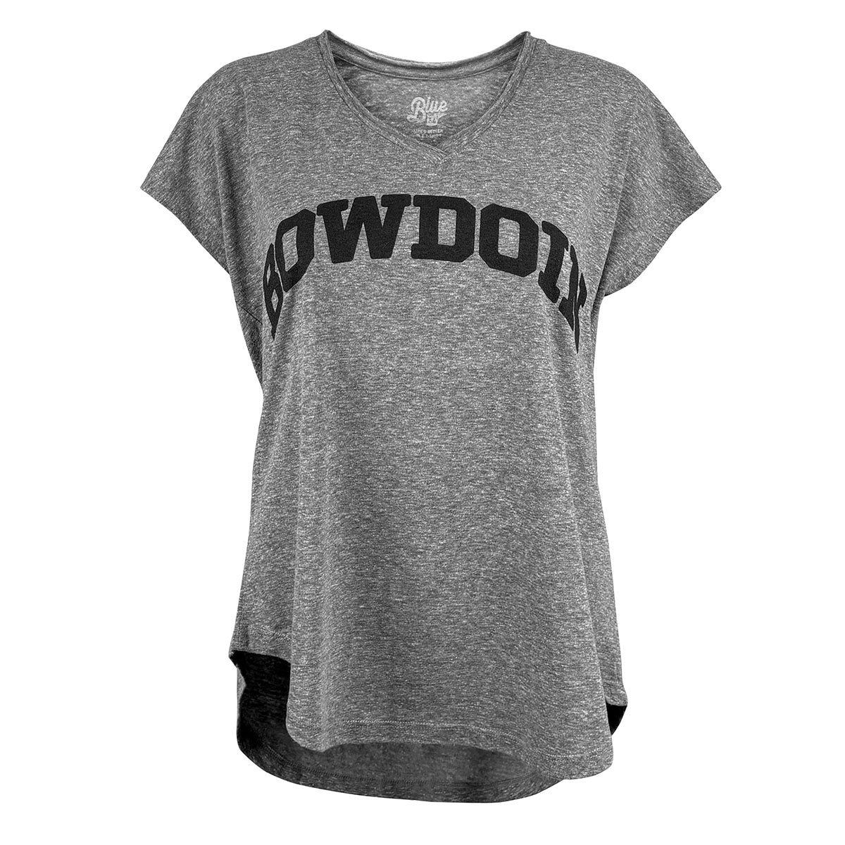 Women's loose fit T-shirt in gray heather with arched black BOWDOIN chest imprint.