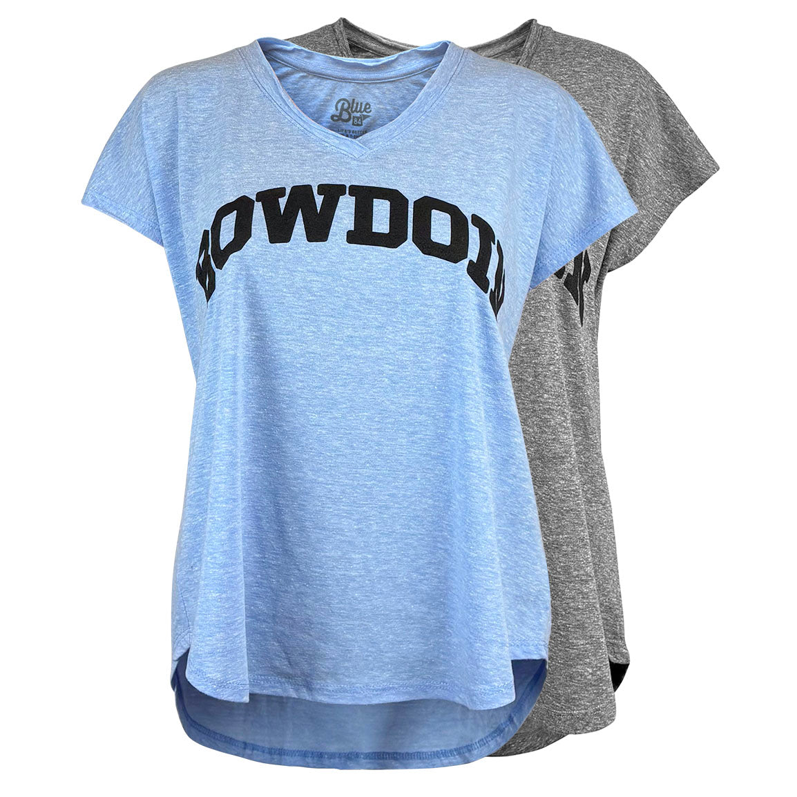Women's loose fit t-shirts with Bowdoin decoration, in blue and grey heather.