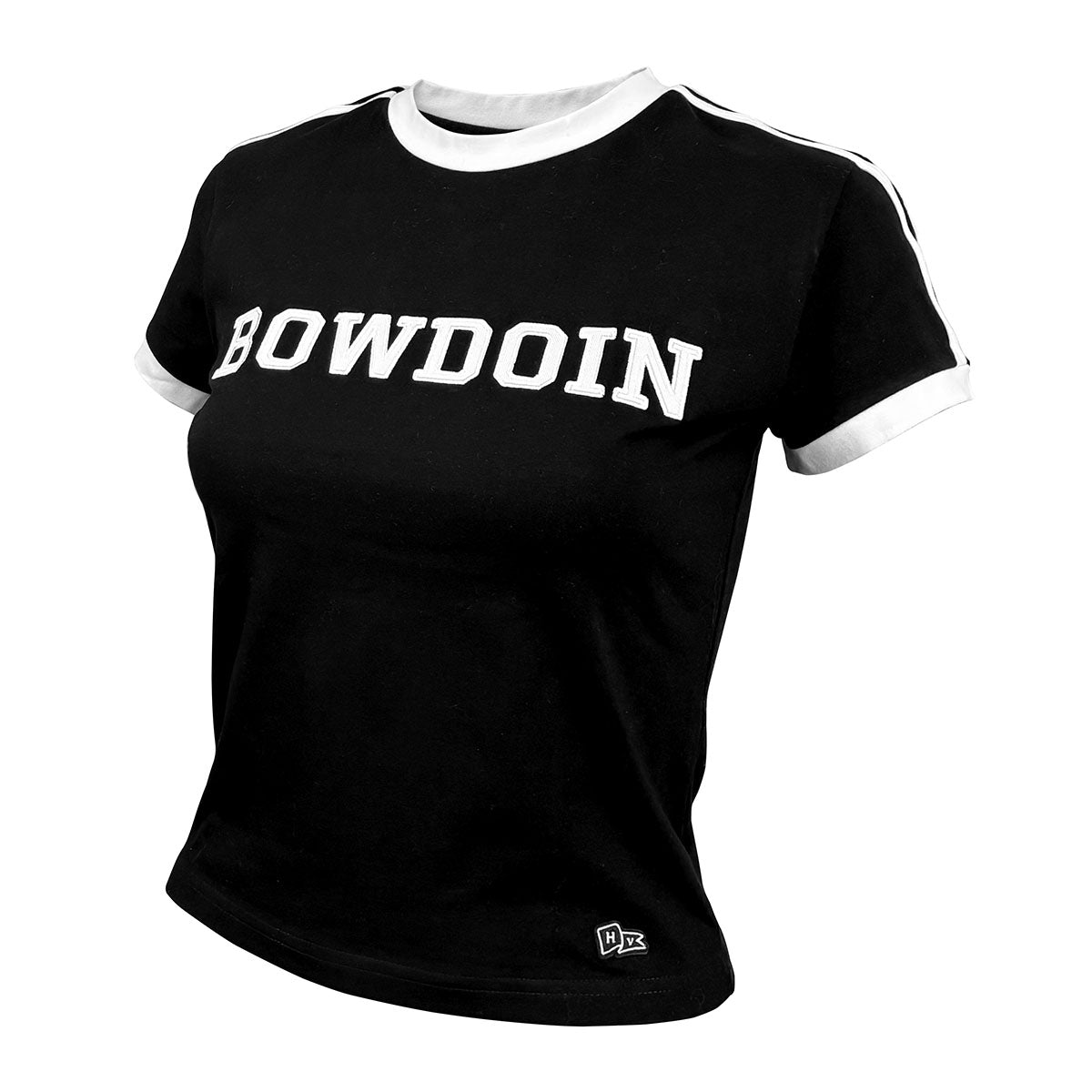 Women's fitted black t-shirt with 'Bowdoin' text on a white background