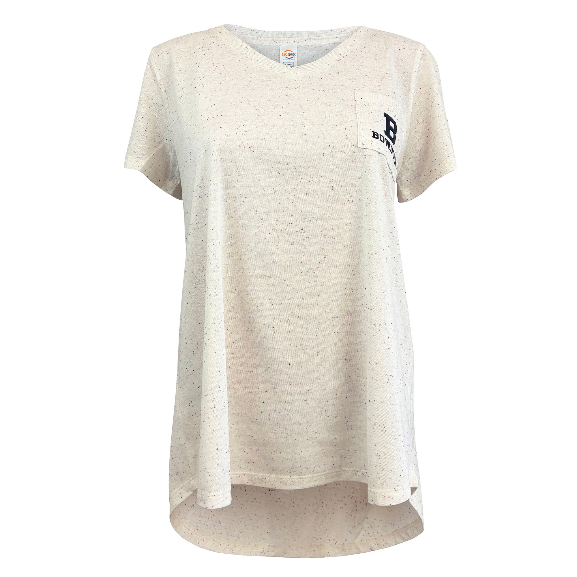 A women's short-sleeve V-neck t-shirt in a light cream heathered fabric with subtle speckles. It features a left chest pocket with a black graphic logo that reads 'B' and 'BOWDOIN'.