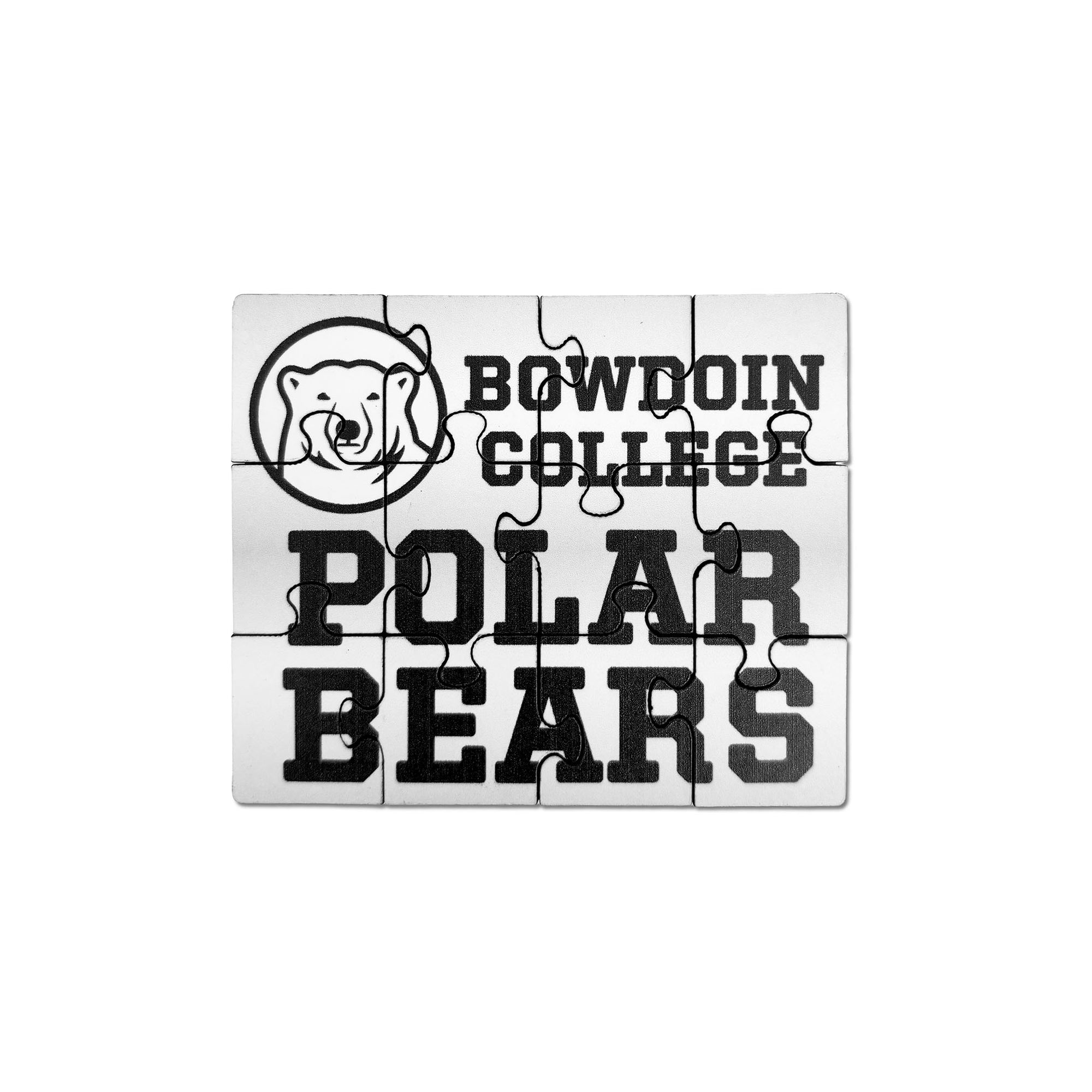 A rectangular jigsaw puzzle featuring the Bowdoin College Polar Bears logo in black on a white background, isolated on a solid white backdrop.