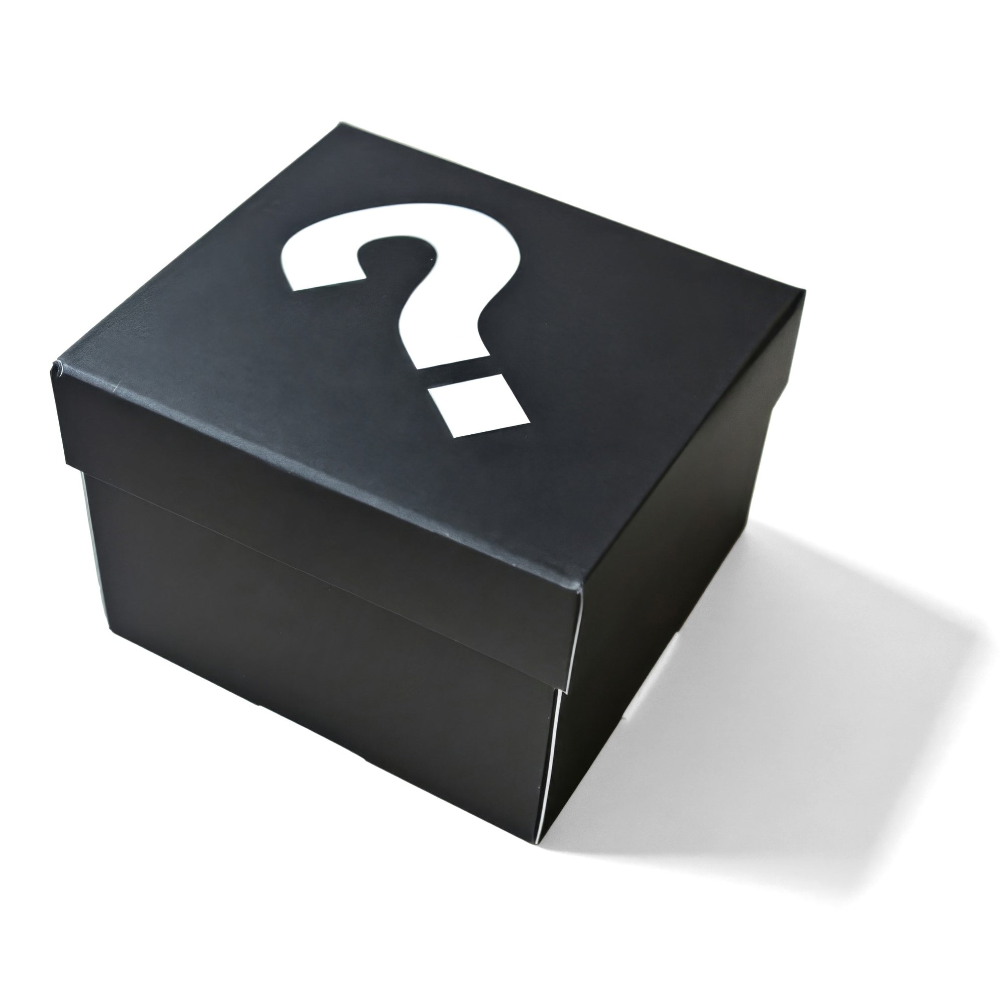 A black mystery box with a large white question mark printed on the lid, shown on a white background with a soft shadow.