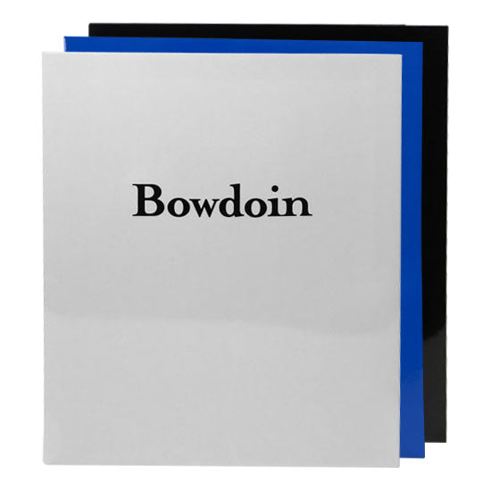 White, blue, and black Bowdoin folders.