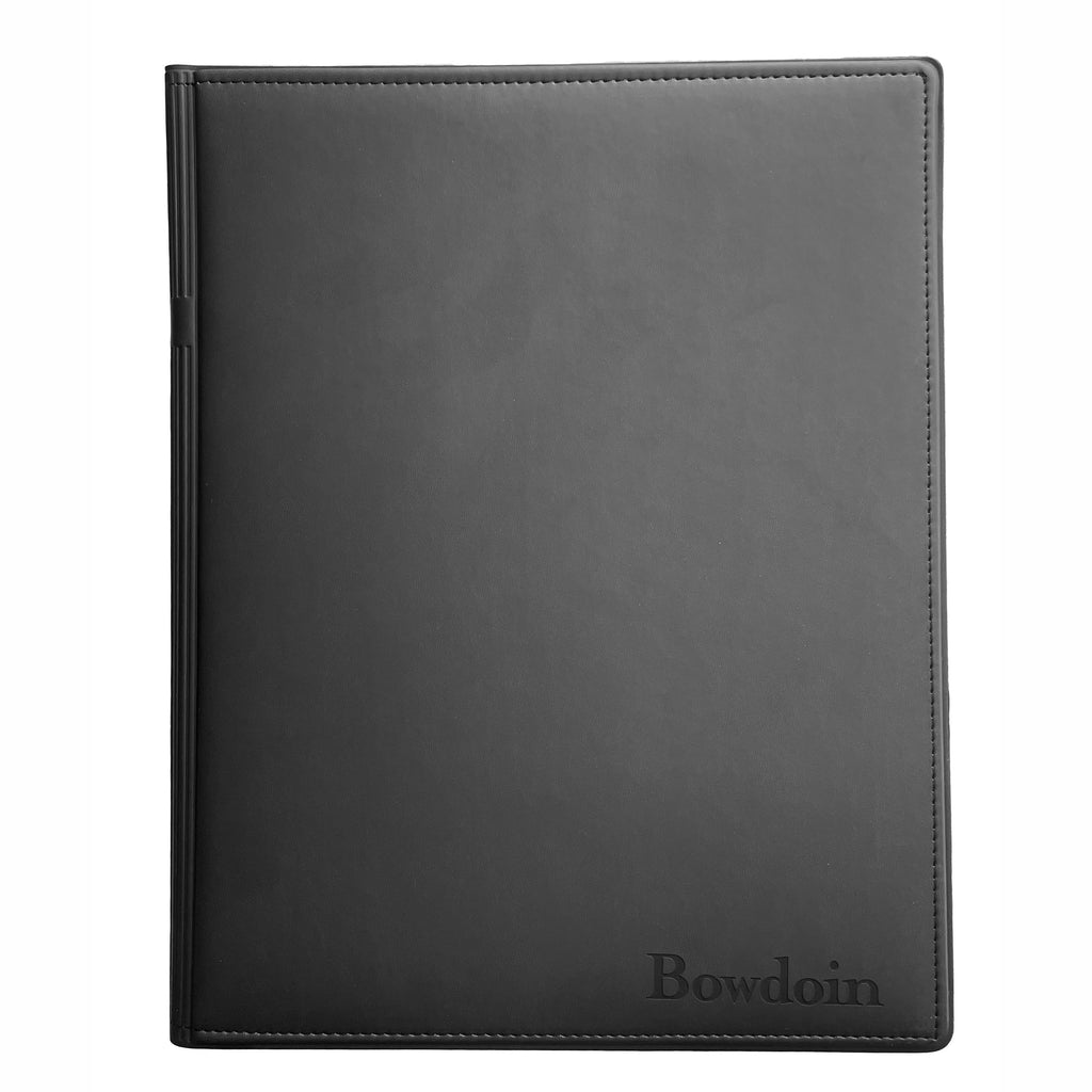 Black padfolio with small embossed BOWDOIN wordmark on lower right corner.