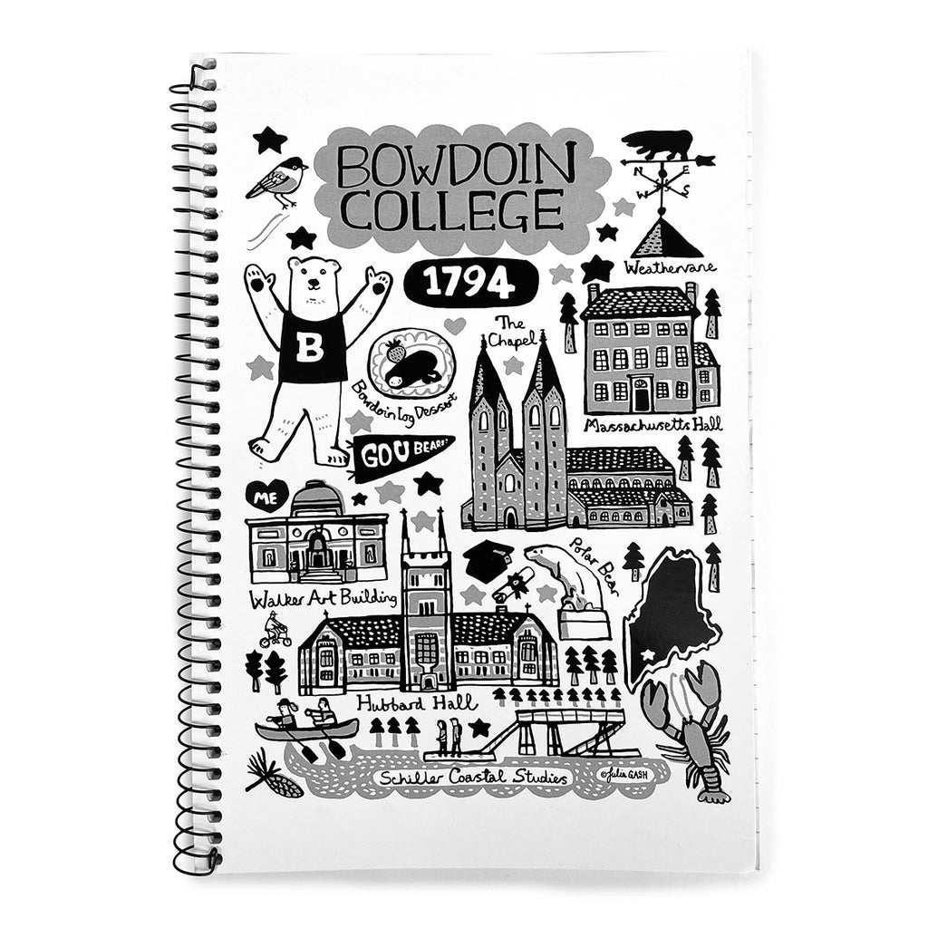 White spiral bound notebook with greyscale illustrations of chickadee, polar bear mascot, Memorial Hall weathervane, Mass Hall, the Chapel, the Bowdoin log dessert, GO U Bears, Walker Art, Hubbard Hall, the Hyde Plaza bear statue, and Schiller Coastal Studies.