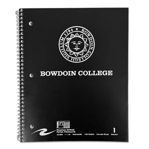 Black notebook with Bowdoin College and Bowdoin sun seal imprint.