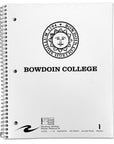 White notebook with Bowdoin College and Bowdoin sun seal imprint.