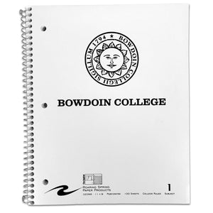 White notebook with Bowdoin College and Bowdoin sun seal imprint.