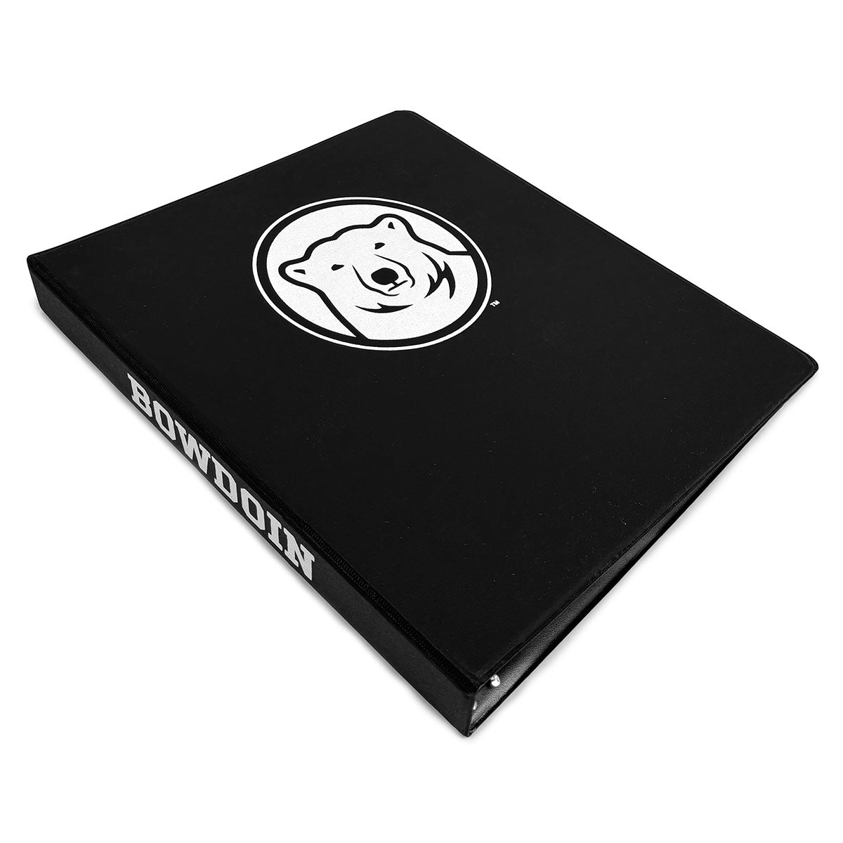 Black binder with a white bear logo and 'Bowdoin' text on a white background
