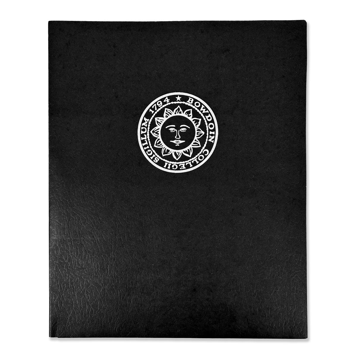 Black folder with white Bowdoin seal imprint.