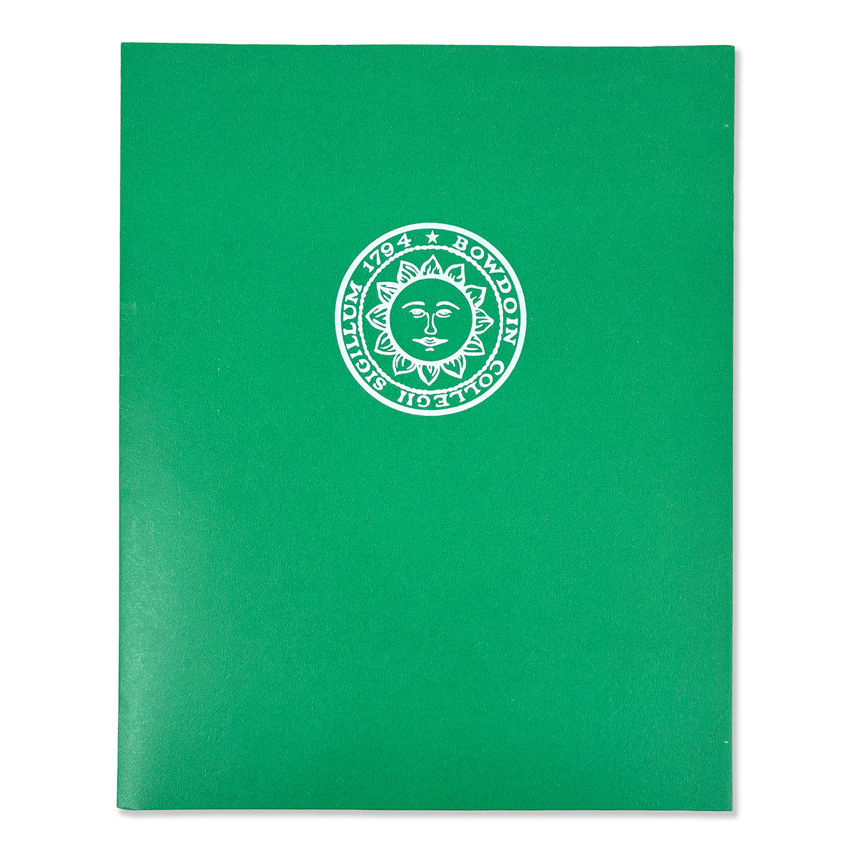 Kelly green folder with white Bowdoin seal imprint.