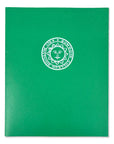 Kelly green folder with white Bowdoin seal imprint.