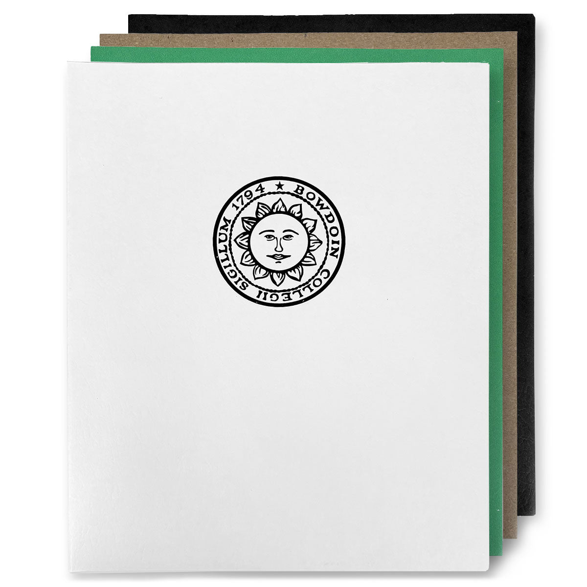 White, green, brown, and black folders.