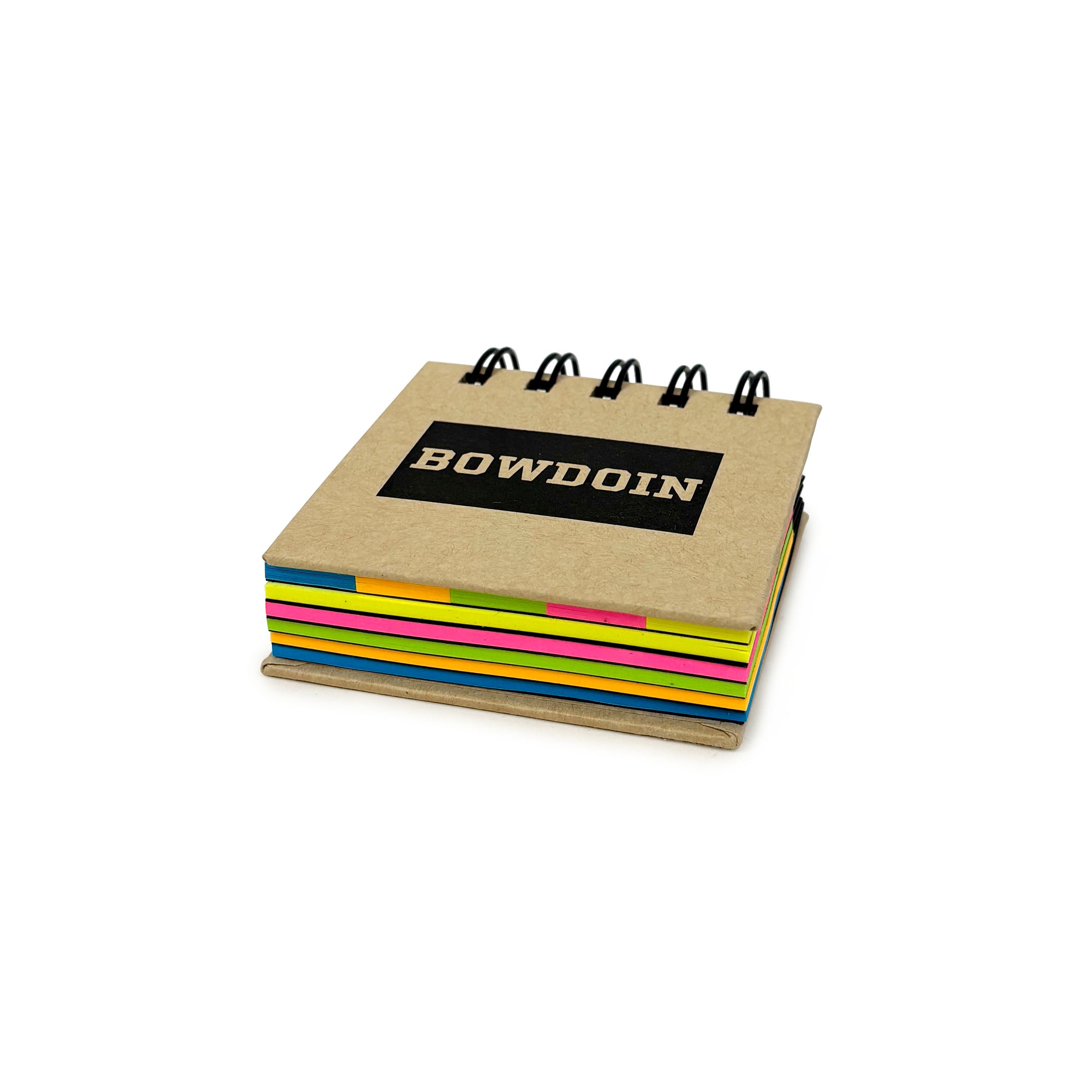 Small spiral-bound notebook with colorful pages and 'Bowdoin' branding on a white background