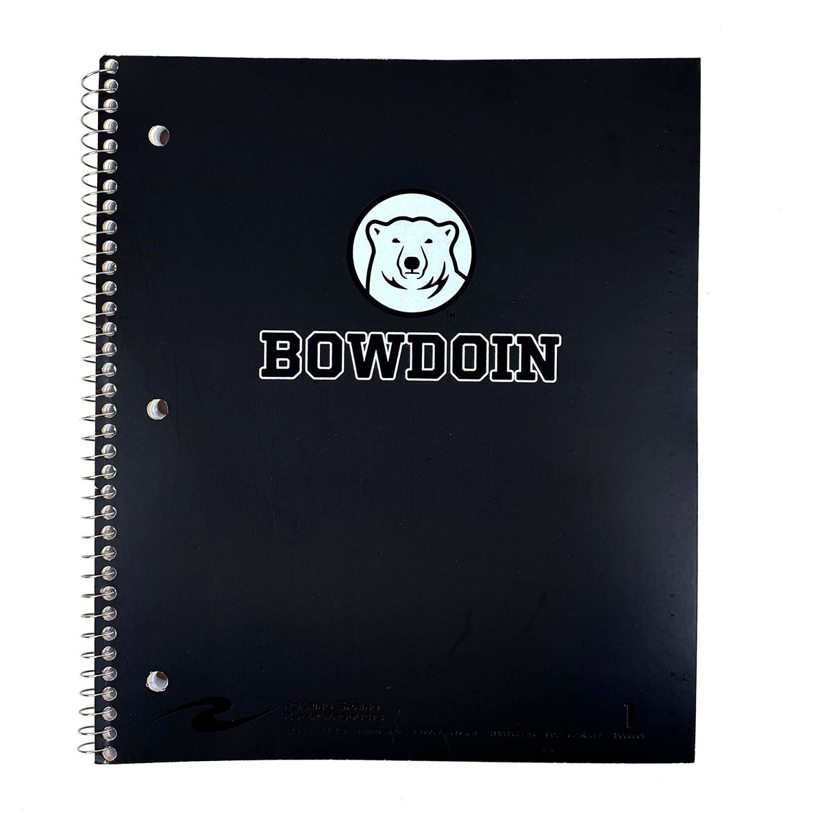 Black spiral bound notebook with polar bear medallion over BOWDOIN imprint.
