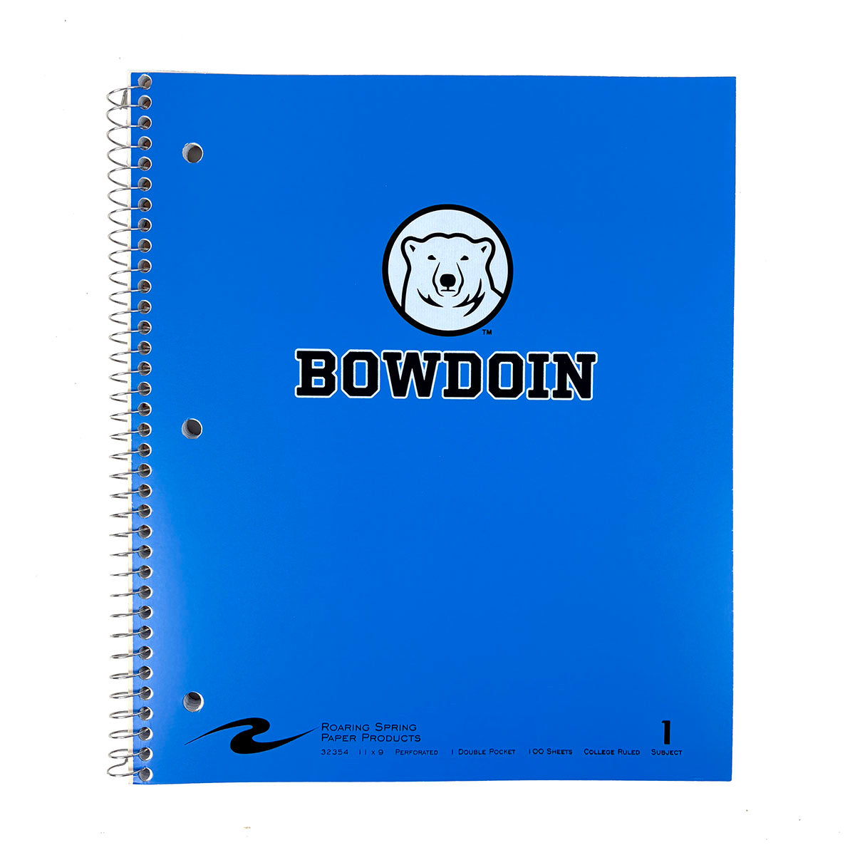 Blue spiral bound notebook with polar bear medallion over BOWDOIN imprint.