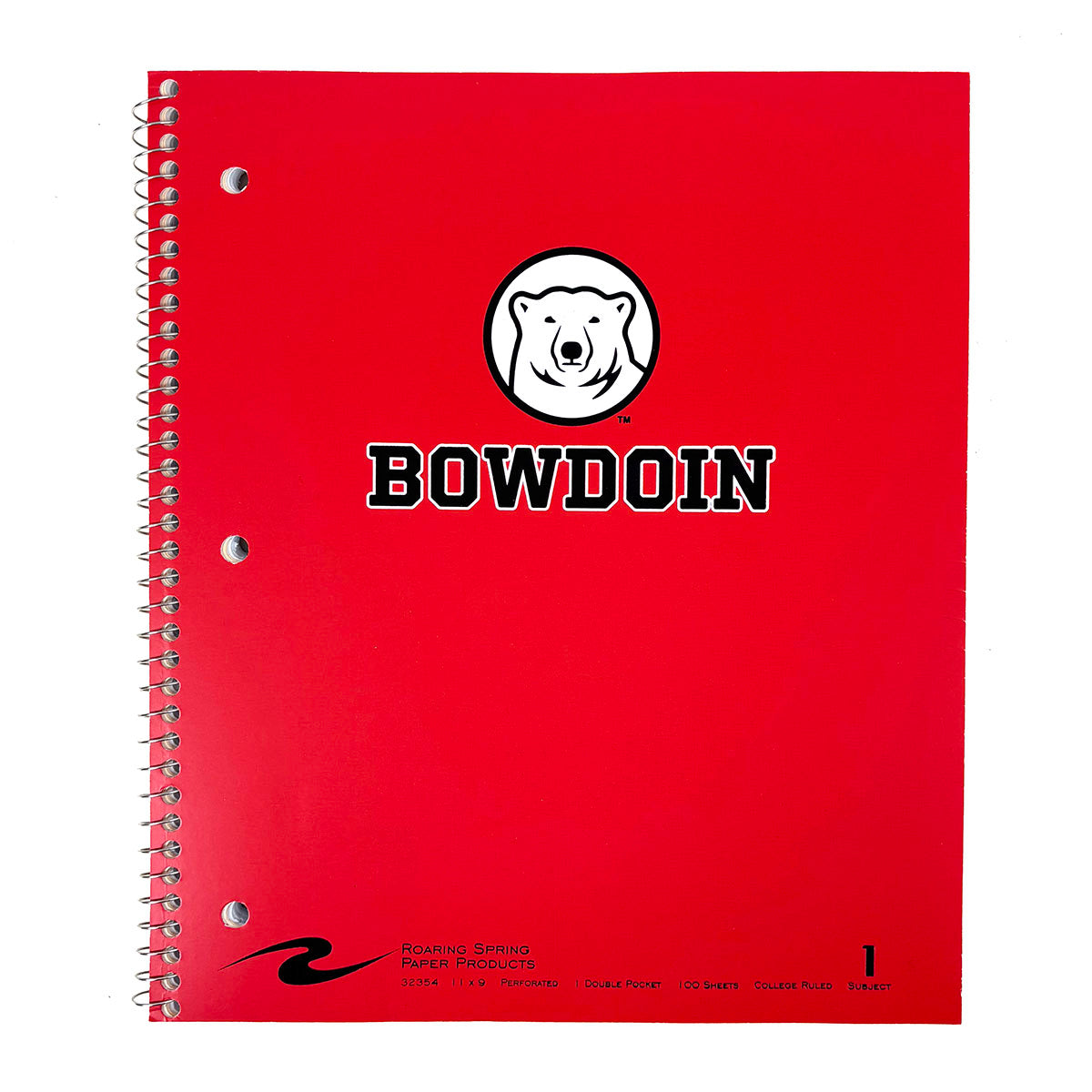 Red spiral bound notebook with polar bear medallion over BOWDOIN imprint.