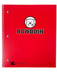 Red spiral bound notebook with polar bear medallion over BOWDOIN imprint.
