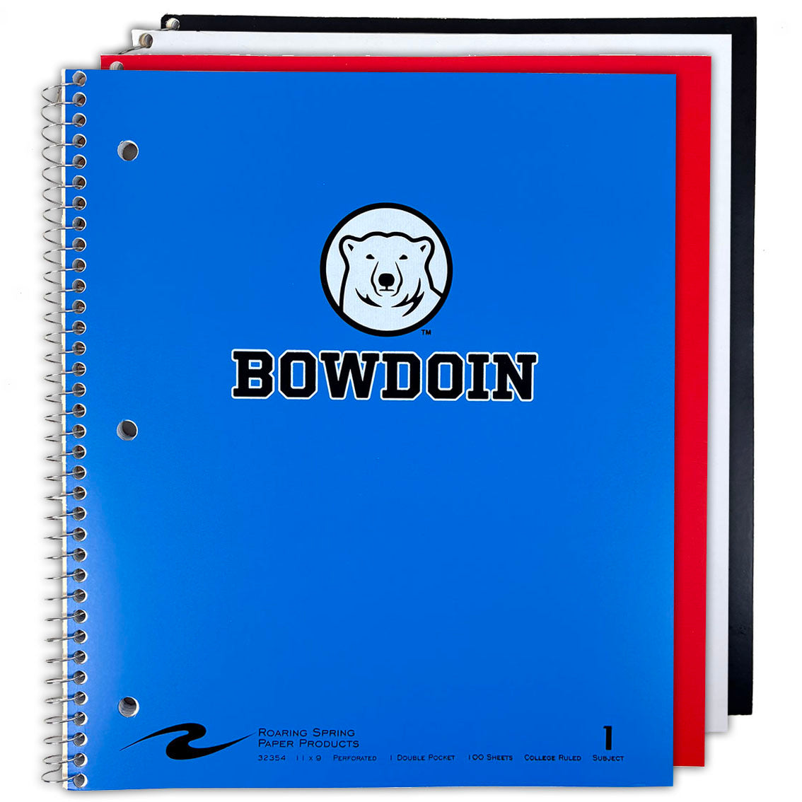 Notebooks in blue, red, white, and black.