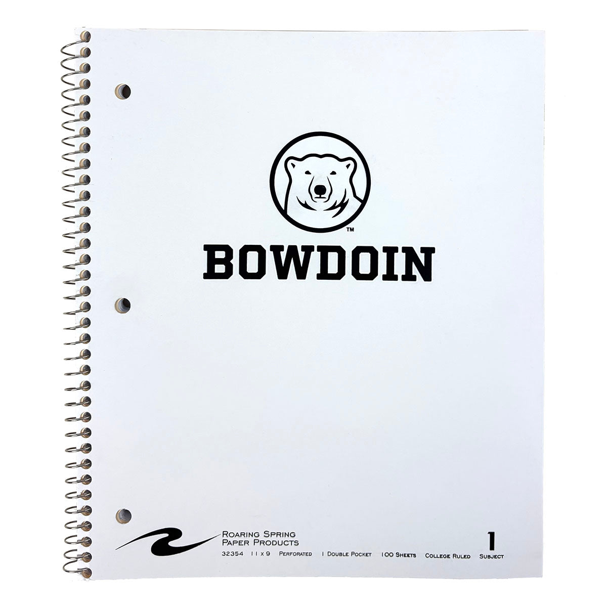 White spiral bound notebook with polar bear medallion over BOWDOIN imprint.