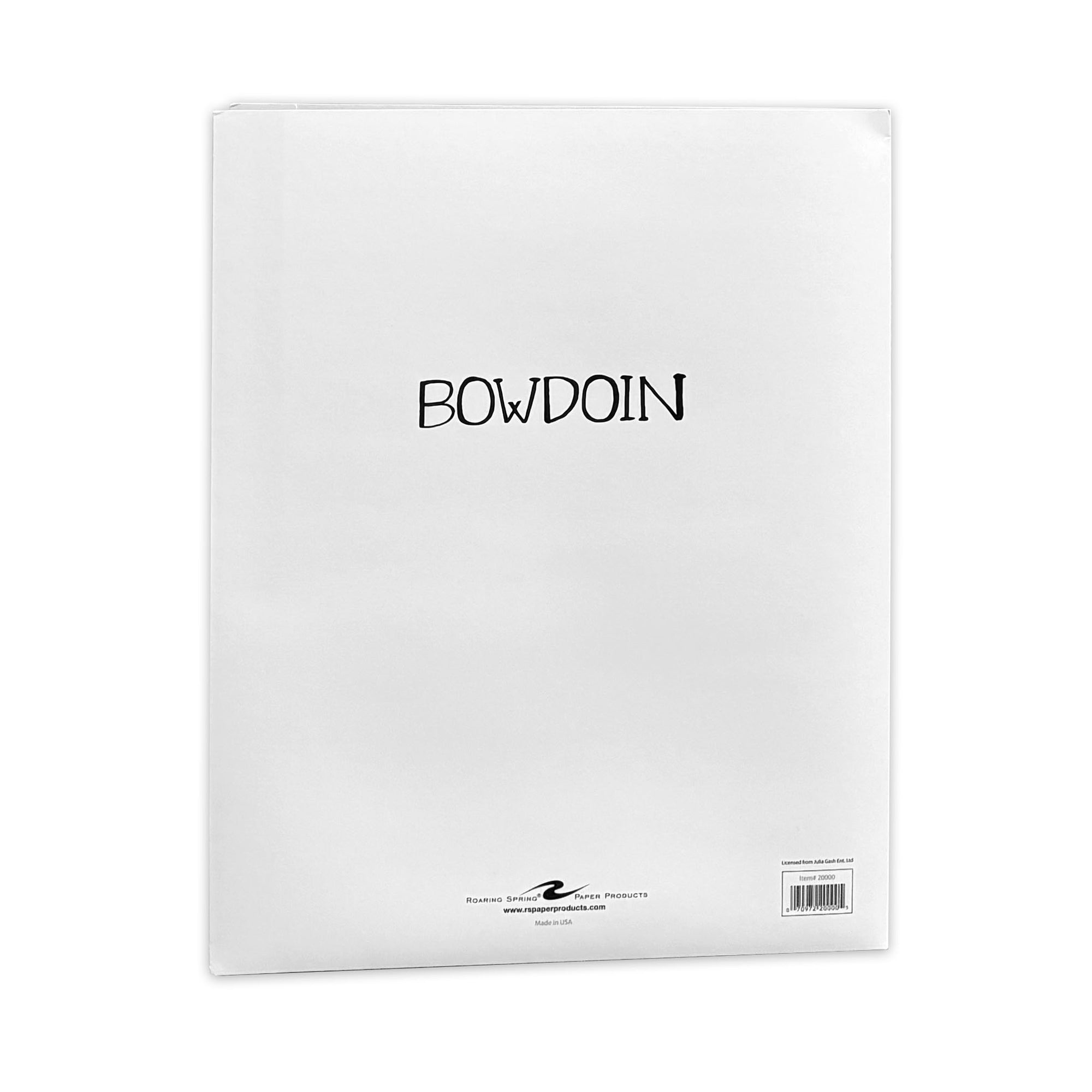 A white BOWDOIN folder shown against a plain white background, with BOWDOIN in a handwritten style printed in black near the top center and small printed text at the bottom.
