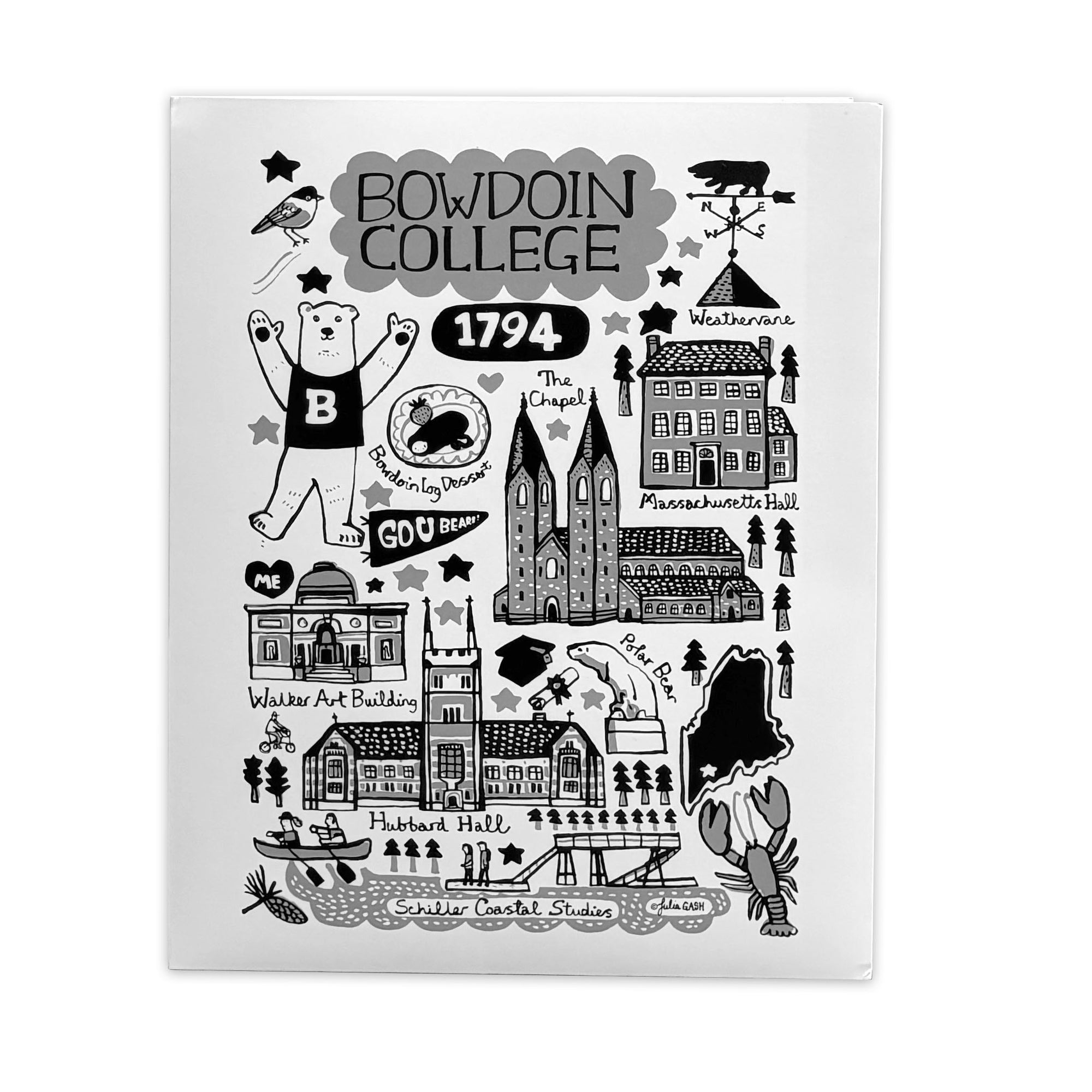 A white rectangular folder featuring black hand-drawn illustrations and text related to Bowdoin College, including the year 1794, campus landmarks, a lobster, and decorative elements.
