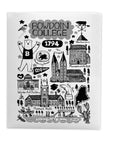 A white rectangular folder featuring black hand-drawn illustrations and text related to Bowdoin College, including the year 1794, campus landmarks, a lobster, and decorative elements.