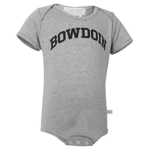 The front of a heather gray diaper shirt with the word BOWDOIN imprinted in an arch on the chest in black..