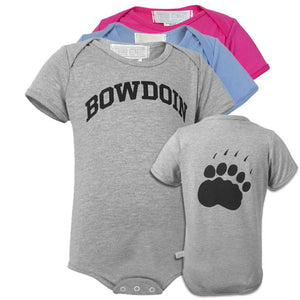 Photo showing 3 Bowdoin baby diaper shirts in gray, blue, and pink. There is also a shot of the back of the gray shirt showing a paw print.