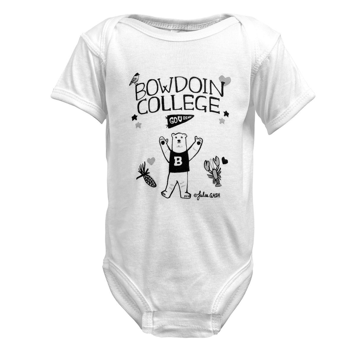 A white short-sleeve baby bodysuit featuring a black graphic print on the front with the text 'BOWDOIN COLLEGE' and a cartoon bear wearing a 'B' jersey, on a solid white background.
