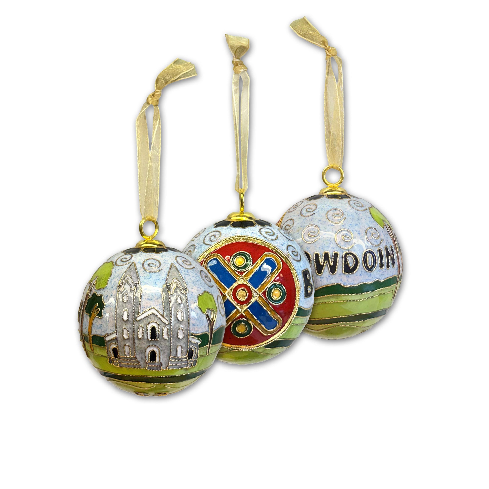 Three views of cloissone ball ornament with Bowdoin Chapel on white background.
