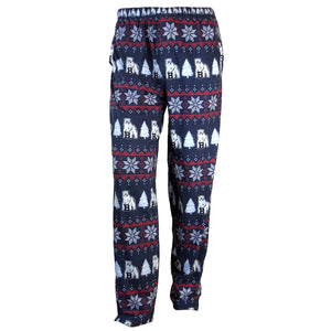 Navy blue pants with sweater-type print of white snowflakes between red stripes, Bowdoin polar bear mascots, and snowy fir trees.