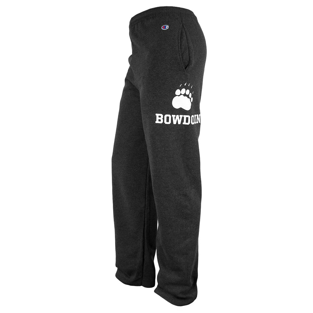 Side view of open-cuffed charcoal heather sweatpants with side pocket and white print of paw over BOWDOIN below pocket.