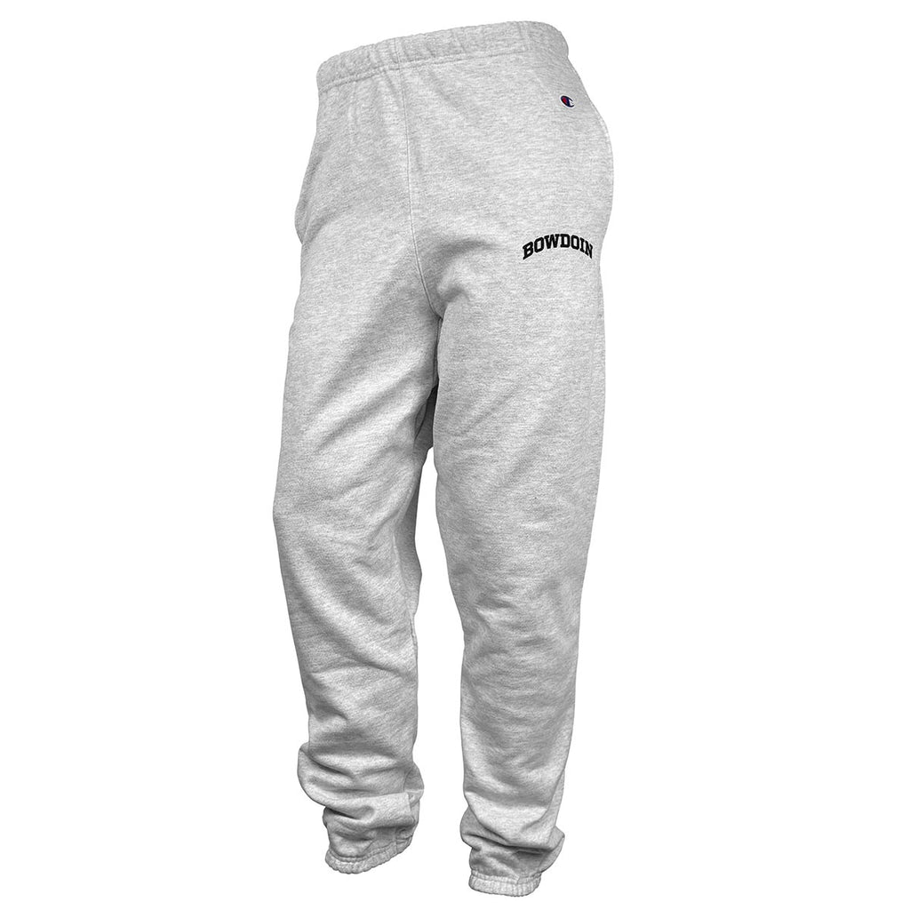 Silver grey heather sweatpants with elastic cuffs and waist. Black arched BOWDOIN on left thigh.