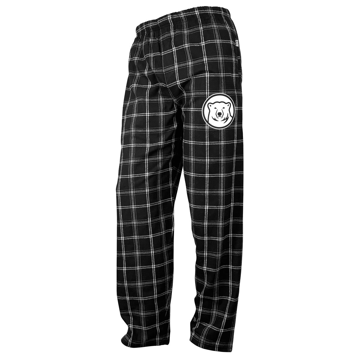 Black and white plaid pants with a bear logo on a white background