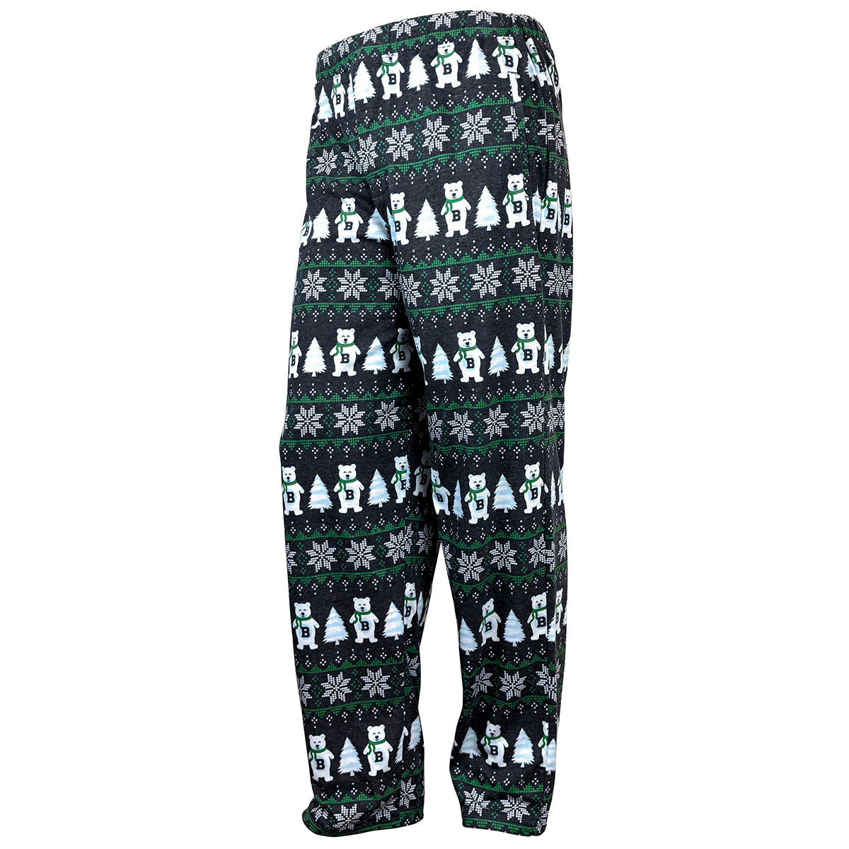 Patterned pajama pants with Christmas design on a white background