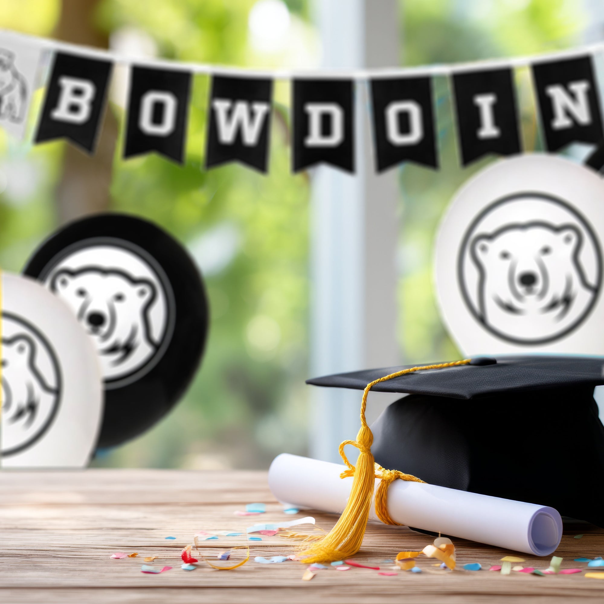 Photo of a graduation cap and diploma on a table. In the background are Bowdoin balloons and a Bowdoin pennant string.