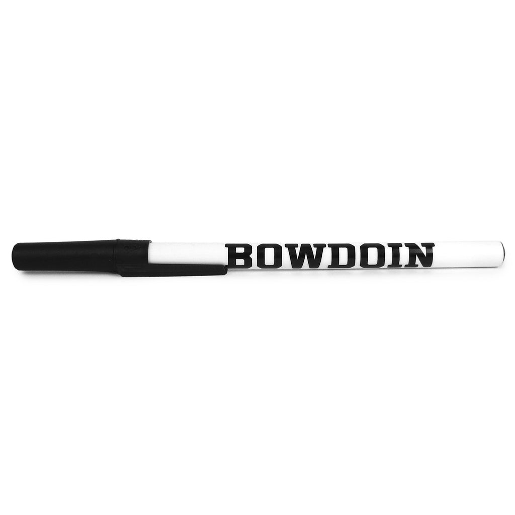 White barrel stick pen with black cap and black BOWDOIN imprint.