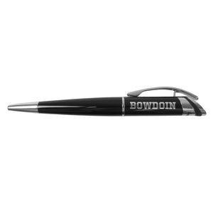 Black retractable pen with chrome accents and clip, BOWDOIN logotype imprint on barrel in chrome.