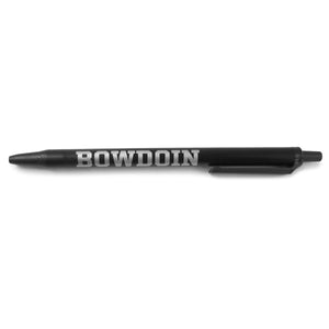 Black retractable pen with silver imprint of BOWDOIN on barrel.