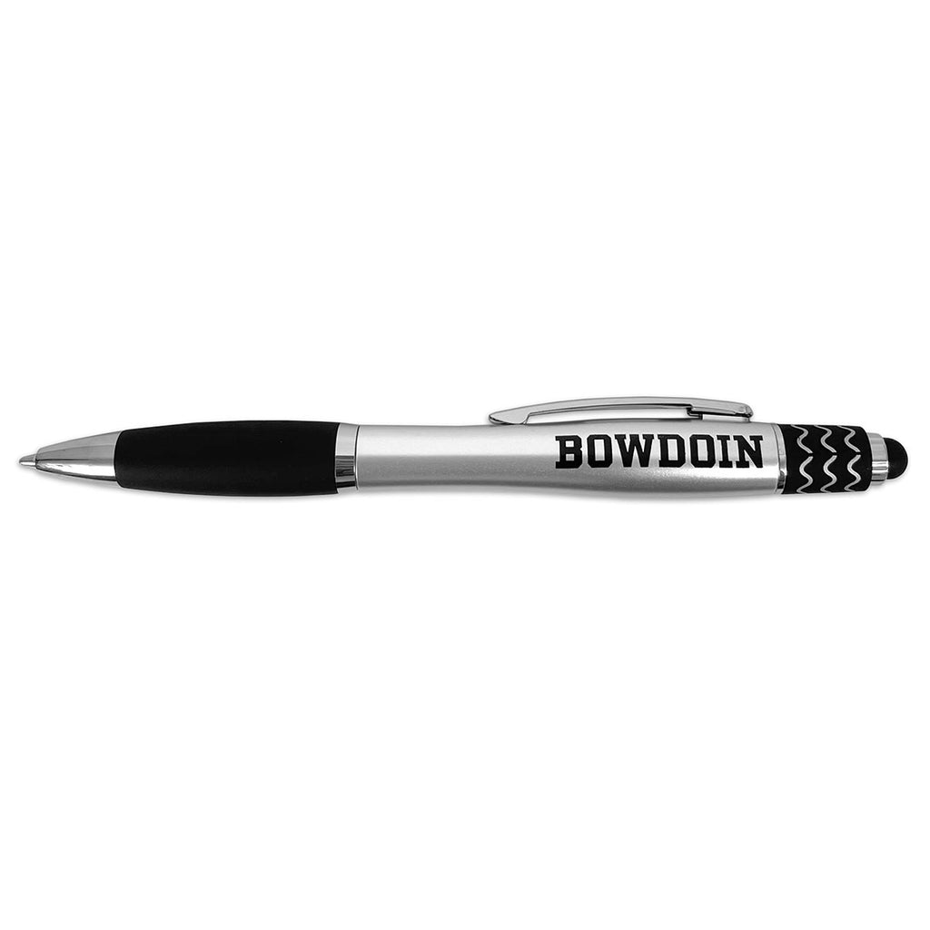 Silver retractable pen with black rubber grip and black BOWDOIN imprint on barrel. Black and silver spinning top and rubber stylus tip on end.