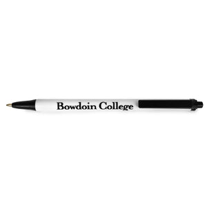 White plastic pen with black tip and top, black BOWDOIN COLLEGE imprint on side.