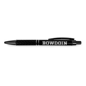 Black metallic retractable ballpoint pen with silver BOWDOIN imprint on barrel. 