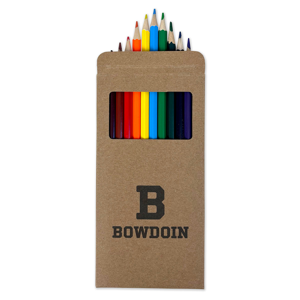 Kraft paper pencil box with colored pencils and 'BOWDOIN' branding on a white background