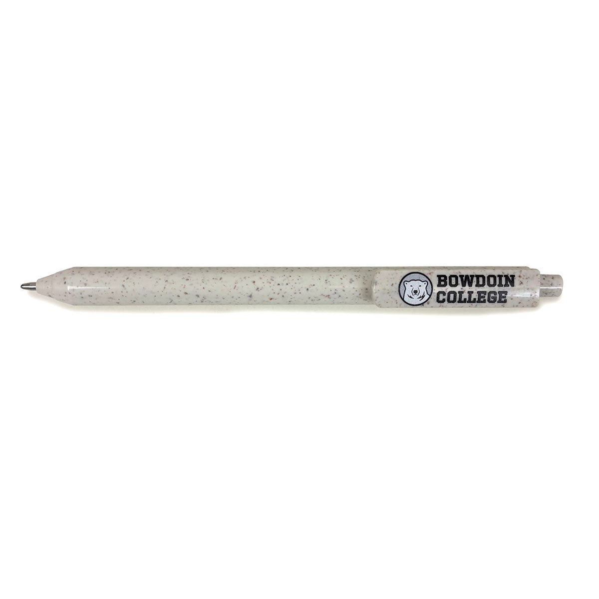Speckled beige pen with 'Bowdoin College' branding on a white background