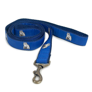 Blue dog leash with repeating Bowdoin mascot decoration.
