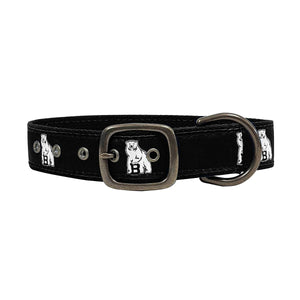 Buckled dog collar with black silk ribbon facing woven with repeating Bowdoin polar bear mascots.